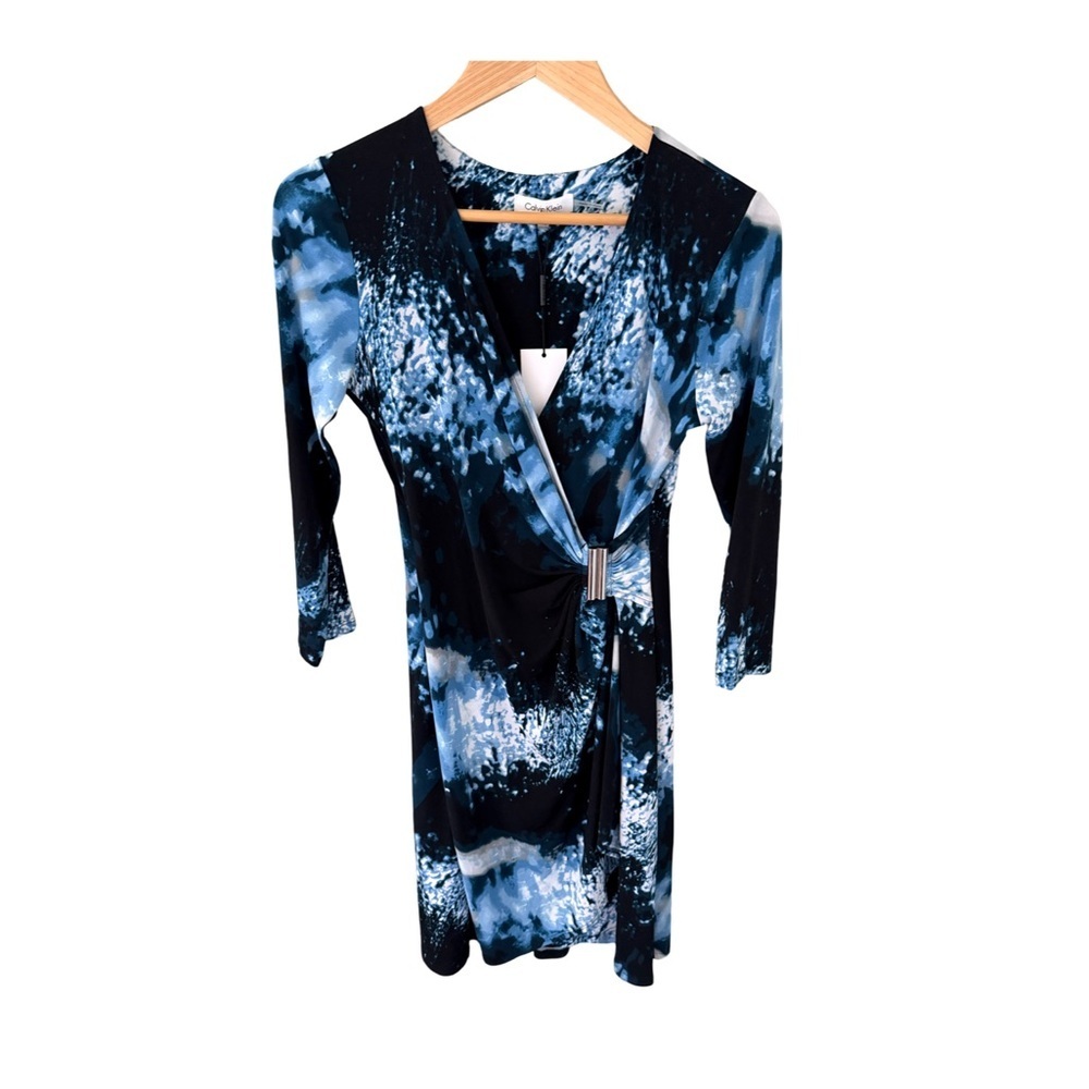 Calvin Klein Blue Black Abstract Print Faux Wrap V-Neck Dress NWT Size XS